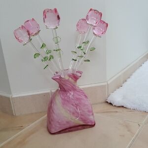 Big Pink Glass rose Bouquet with Vase